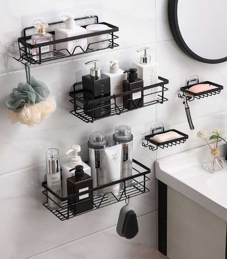 Wall Mounted Bathroom Shelves Floating Shelf Shower Hanging Basket Shampoo Holder WC Accessories Kitchen Seasoning Storage Rack