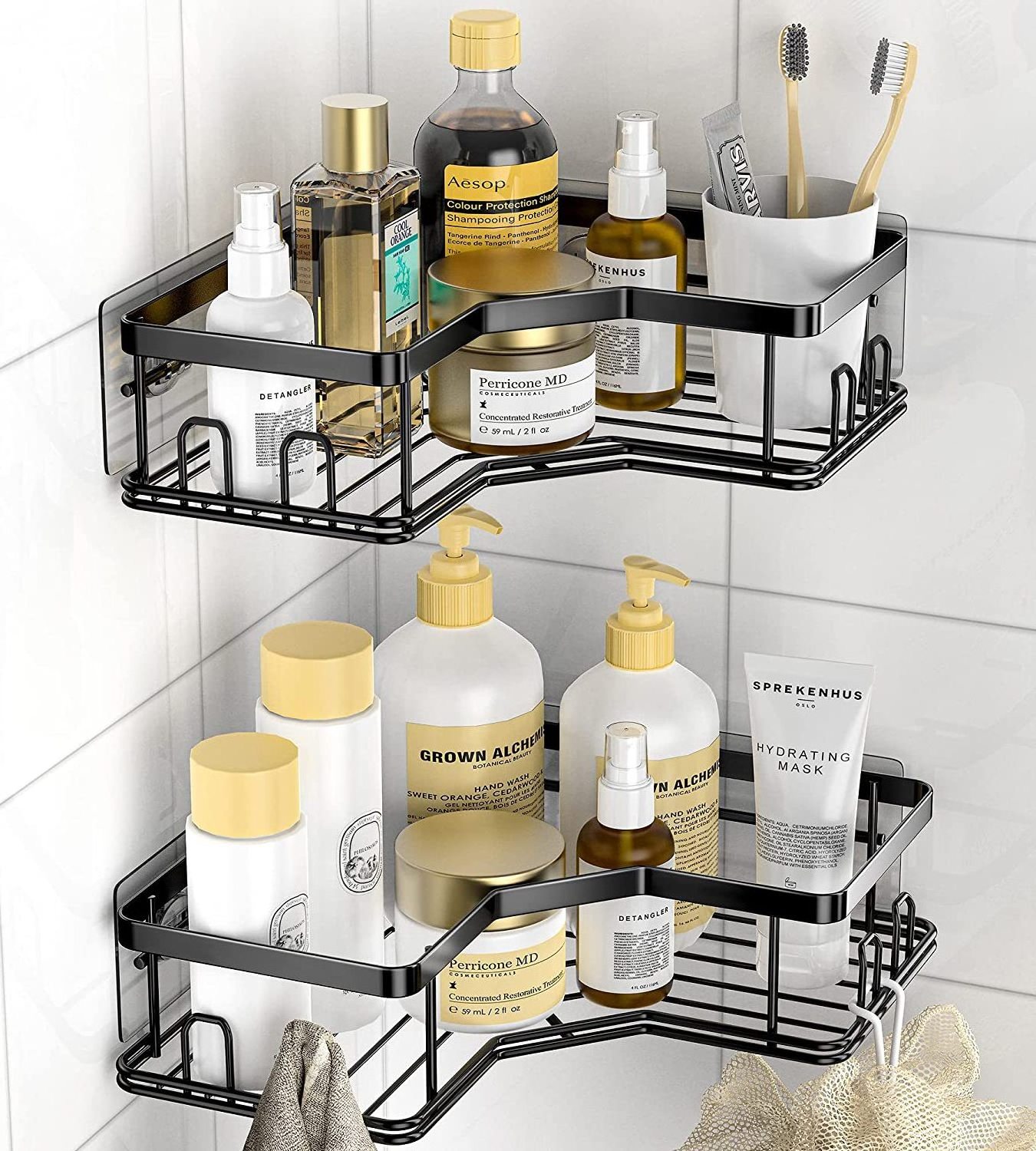 Shower Caddy Corner Shower Shelf with 8 Hooks,2-Pack Adhesive Stainless Steel Shower Shelves for Bathroom Storage