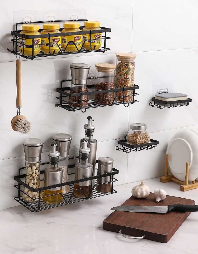 Wall Mounted Bathroom Shelves Floating Shelf Shower Hanging Basket Shampoo Holder WC Accessories Kitchen Seasoning Storage Rack