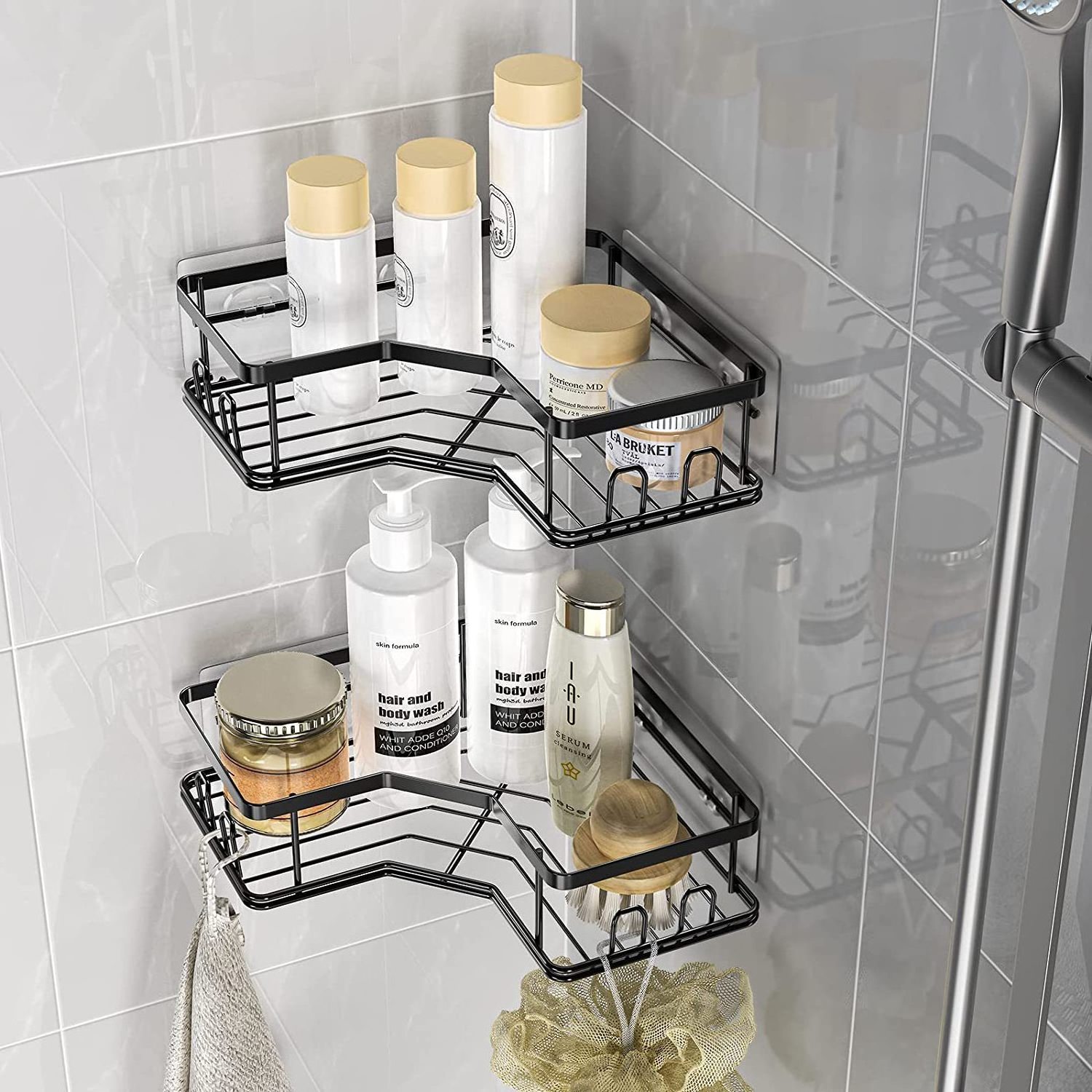 Shower Caddy Corner Shower Shelf with 8 Hooks,2-Pack Adhesive Stainless Steel Shower Shelves for Bathroom Storage