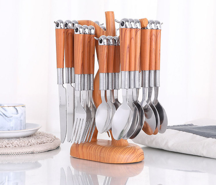 24pcs Creative Wooden Handle Stainless Steel Flatware Set Knife Fork Spoon Cutlery Set With Cutlery Rack