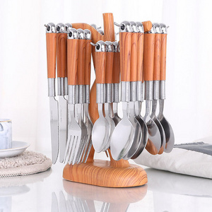 24pcs Creative Wooden Handle Stainless Steel Flatware Set Knife Fork Spoon Cutlery Set With Cutlery Rack