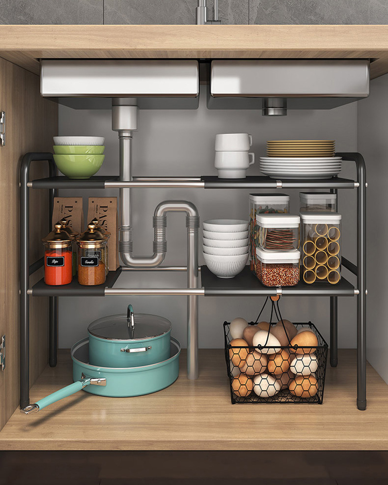 Under Sink Kitchen Rack Expandable Cabinet Shelf Organizer Shelf with Removable Panels for Bathroom Storage