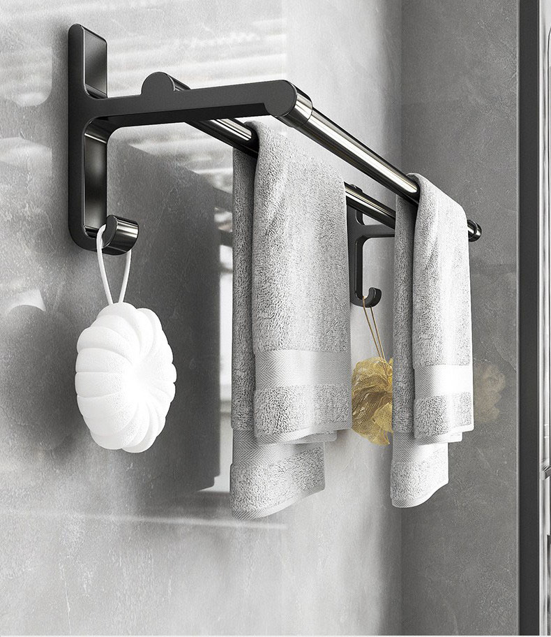 Double Pole Bathroom Towel Holder Aluminum Alloy No Punching Wall Mounted Towel Rack