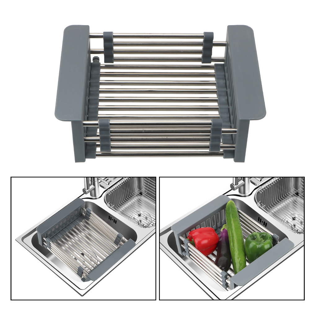 Adjustable Sink Dish Drainers Drain Basket Kitchen Organizer Stainless Steel Dish Drying Rack Telescopic Sink Storage Rack