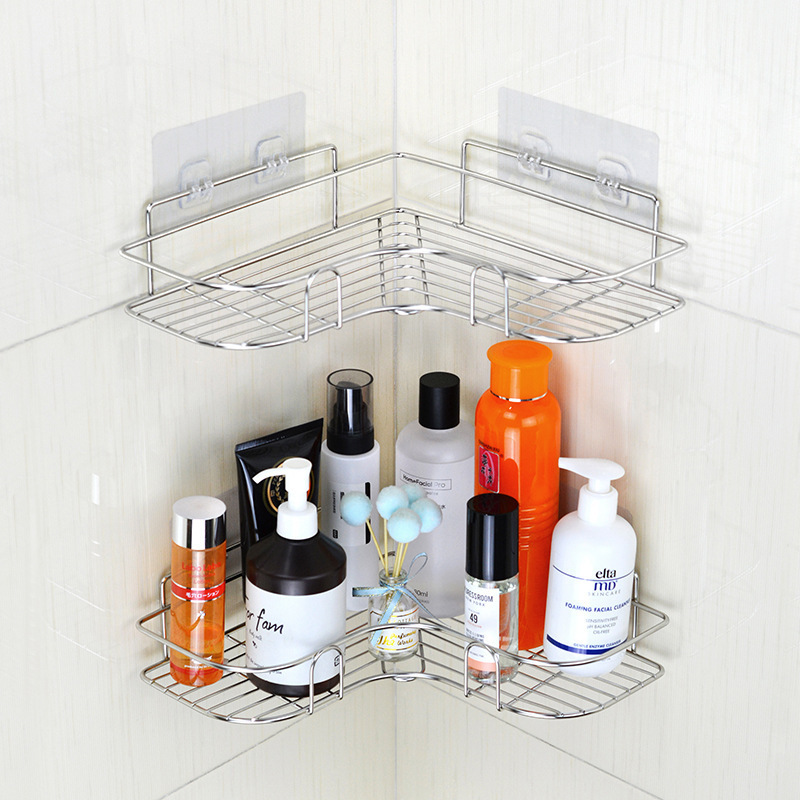 Wall Mounted Adhesive Corner Shower Shelf Caddy Rack Bathroom Corner Stainless Steel Shelf Organizer