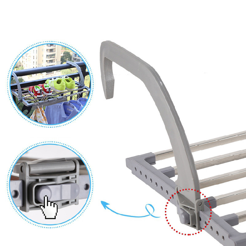 Balcony Drying Rack Folding Window Hanging Shoes Clothes Dryer Rack Adjustable Portable Outdoor Airer Towel Storage Organizer