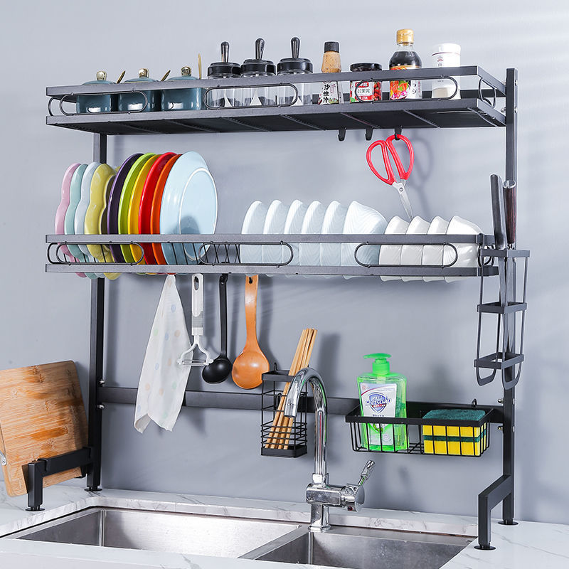 Over the Sink Dish Drying Rack 2 Tier Carbon Steel Dish Dryer Rack for Kitchen Organizer Storage Space Saver Shelf Black