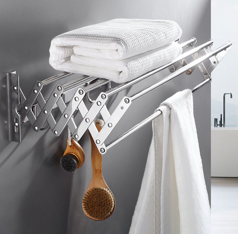 304 Stainless Steel Wall Mount Pull Push Folding Bathroom Towel Rack Holder Screw Or Free Drilling Sticker