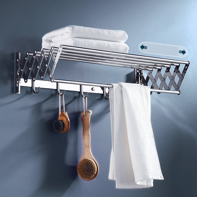 304 Stainless Steel Wall Mount Pull Push Folding Bathroom Towel Rack Holder Screw Or Free Drilling Sticker