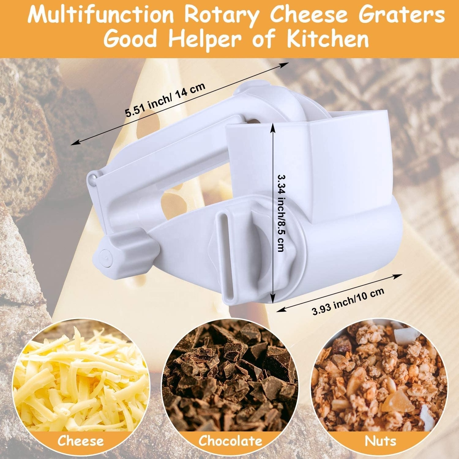 Handheld Rotary Cheese Grater Shredder with Stainless Steel Drum for Grating Hard Cheese Chocolate and Nuts