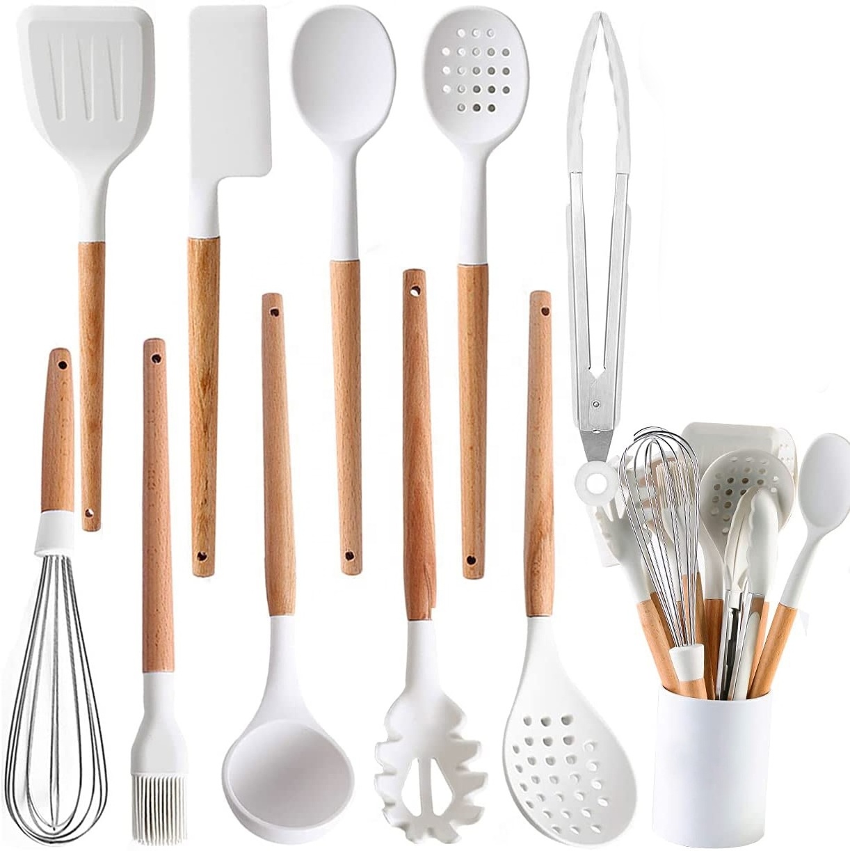 Nonstick 11PCS White Silicone Kitchen Utensils Set Wooden Handles set de cocina Kitchen Accessories