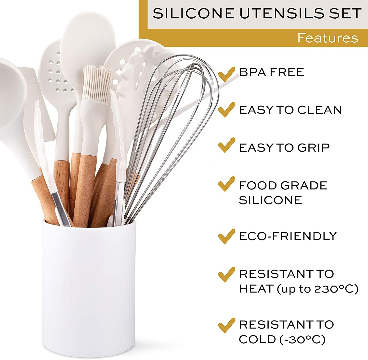 Nonstick 11PCS White Silicone Kitchen Utensils Set Wooden Handles set de cocina Kitchen Accessories