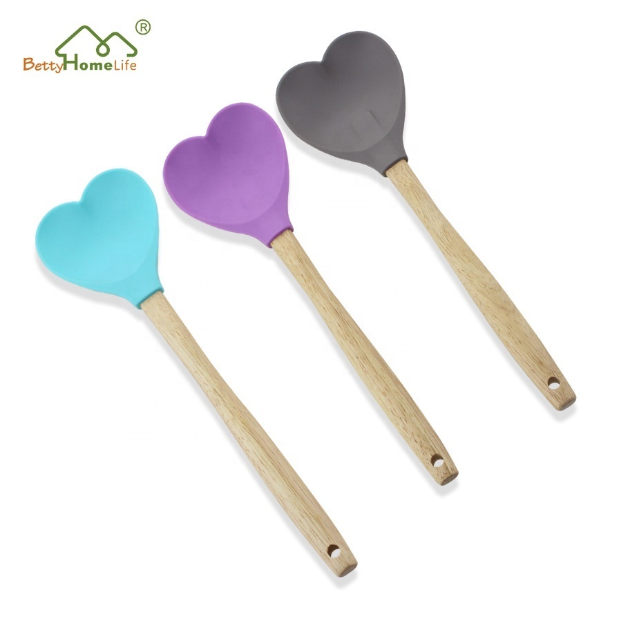 Nonstick Heat Resistant Nature Beech Wooden Silicone Heart Spatula Spoon for Kitchen Baking Tools