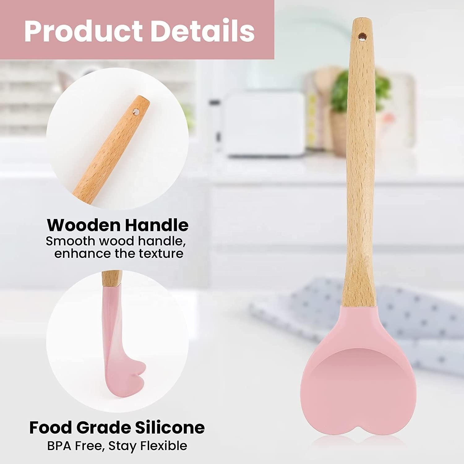 Nonstick Heat Resistant Nature Beech Wooden Silicone Heart Spatula Spoon for Kitchen Baking Tools