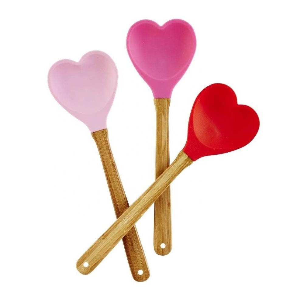 Nonstick Heat Resistant Nature Beech Wooden Silicone Heart Spatula Spoon for Kitchen Baking Tools