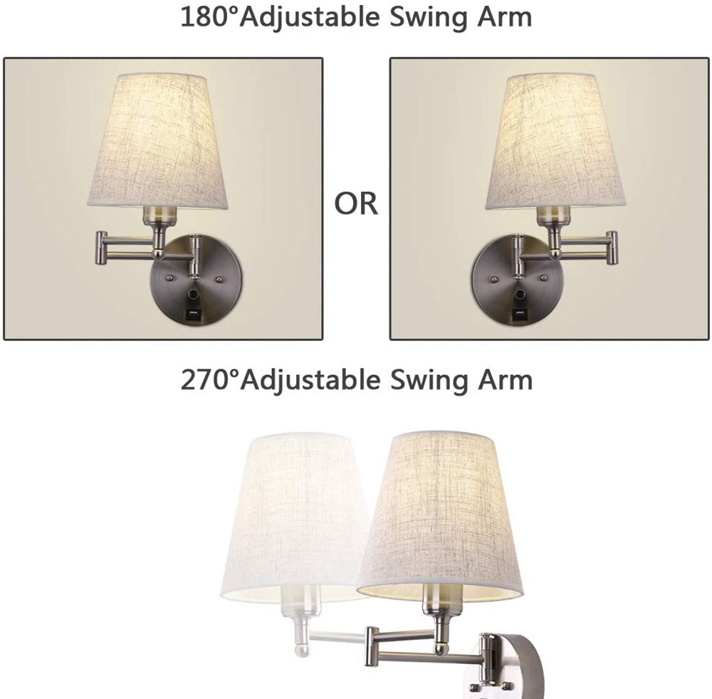 JLW-7634 Bedside Wall Mount Light with Dimmable Switch and USB Port Swing Arm Fabric Shade Wall Sconce Light with Plug in Cord