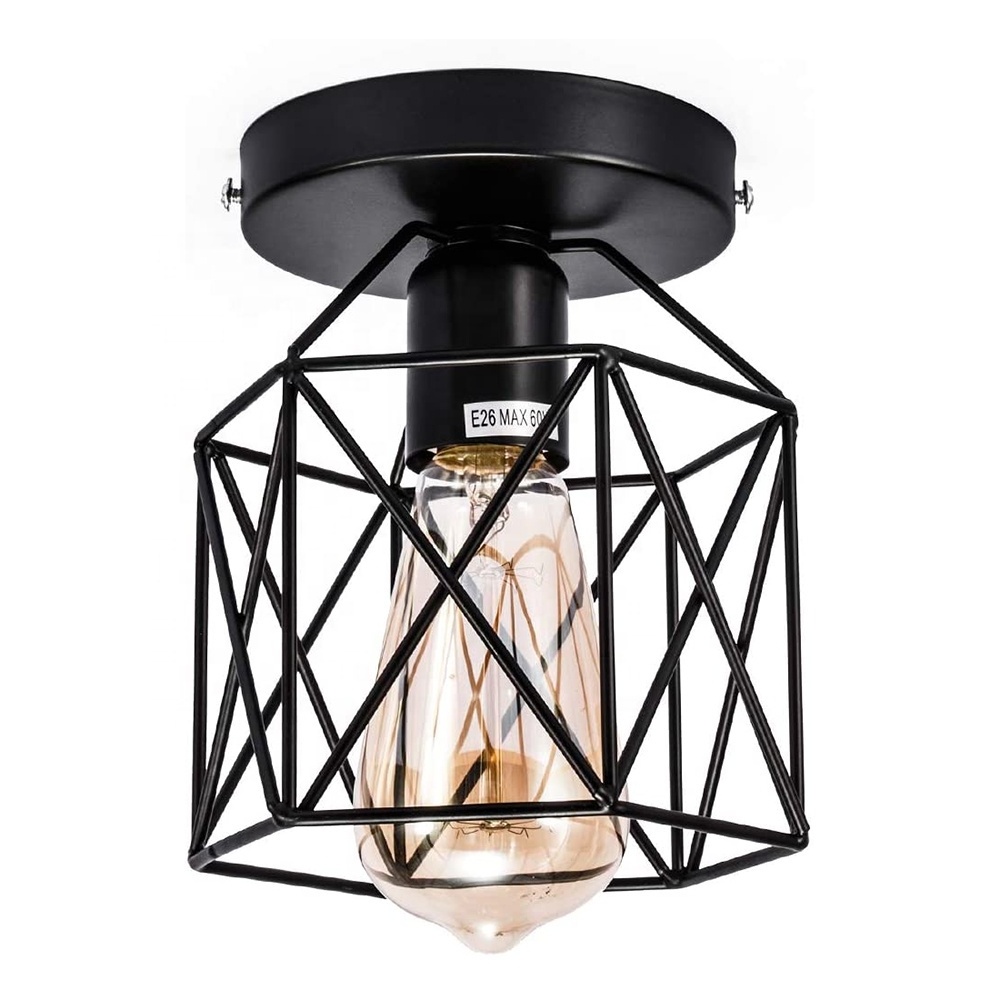 JLC-024  Retro Farmhouse Black Industrial Metal Cage Ceiling Light Fixture for Porch Hallway Kitchen Stairway