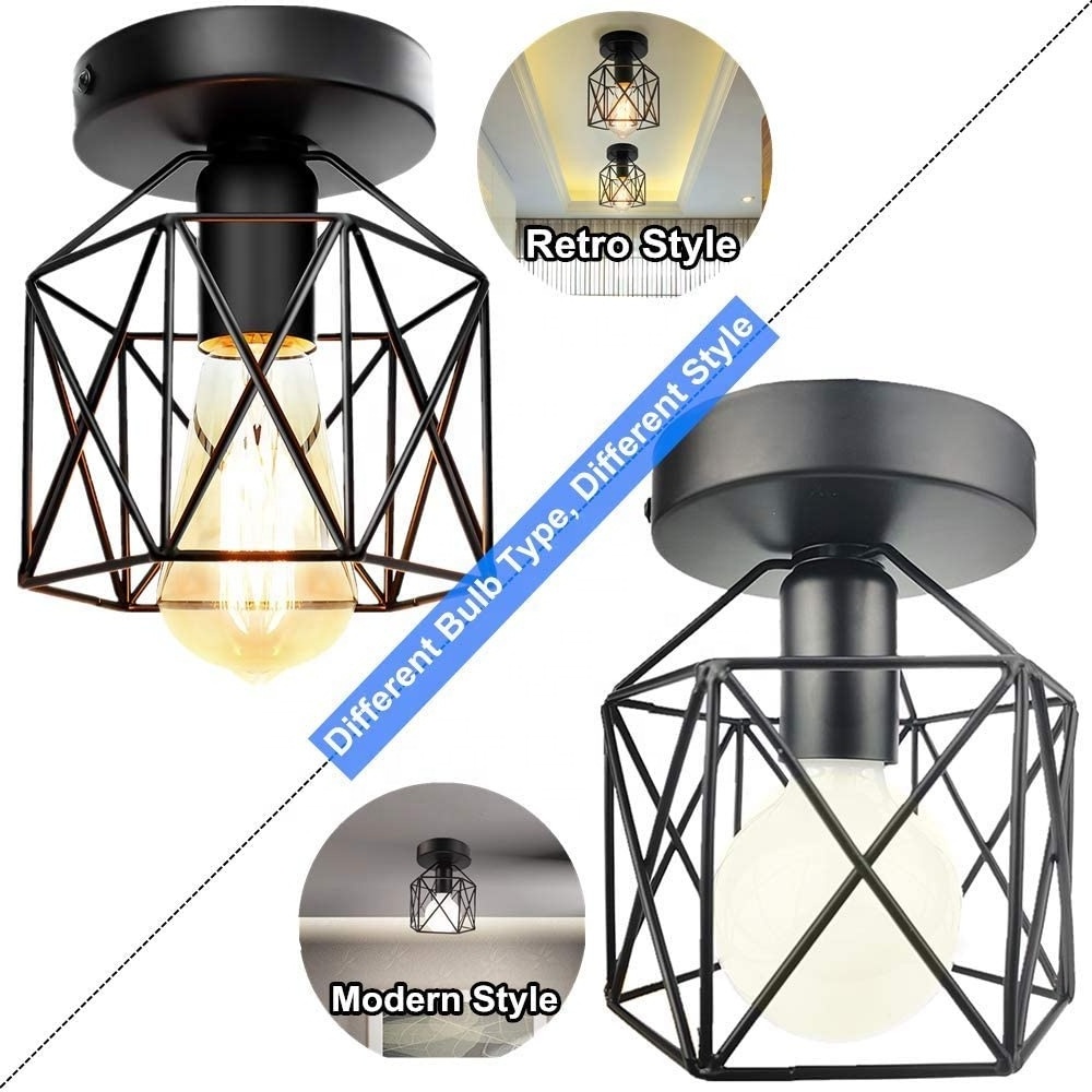 JLC-024  Retro Farmhouse Black Industrial Metal Cage Ceiling Light Fixture for Porch Hallway Kitchen Stairway