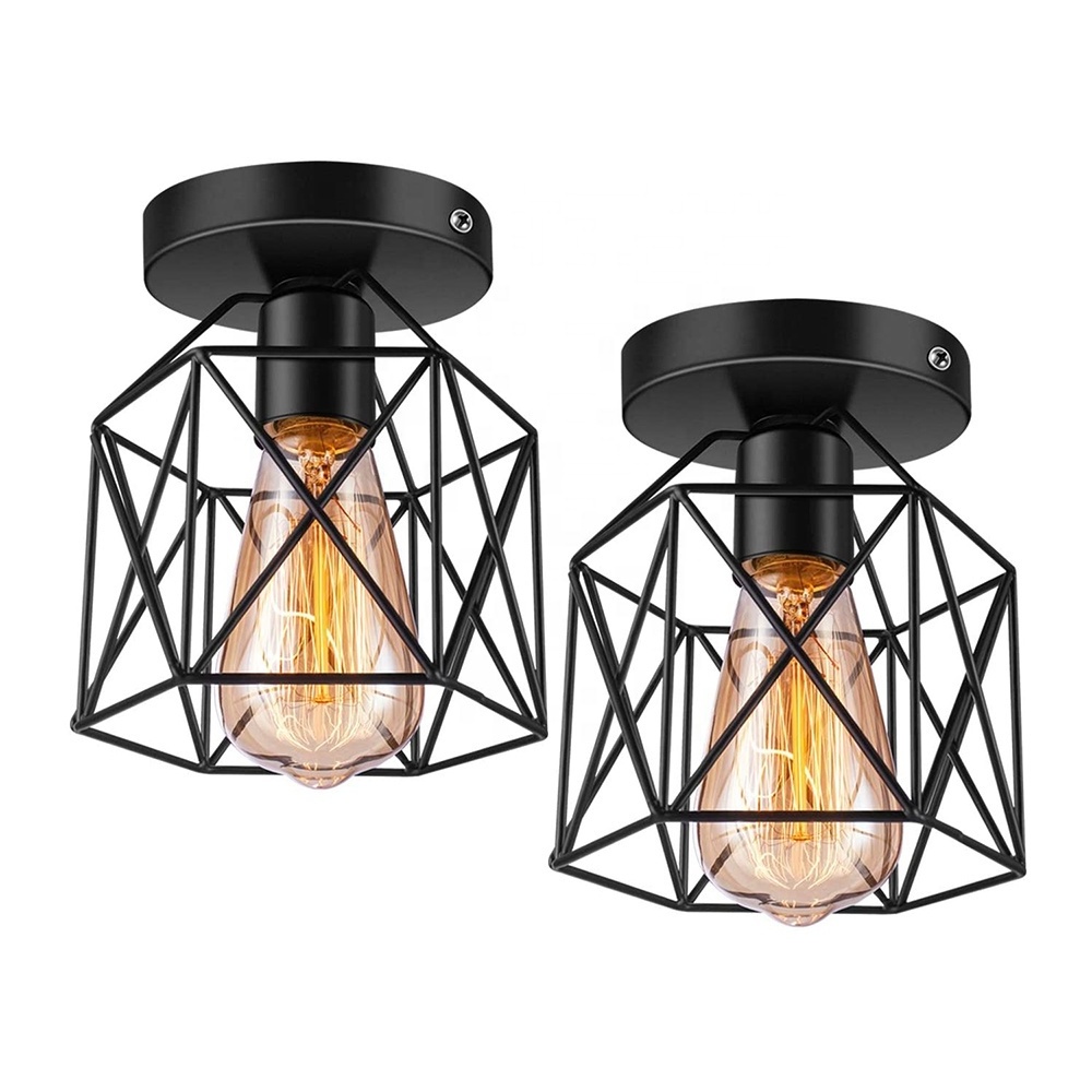 JLC-024  Retro Farmhouse Black Industrial Metal Cage Ceiling Light Fixture for Porch Hallway Kitchen Stairway