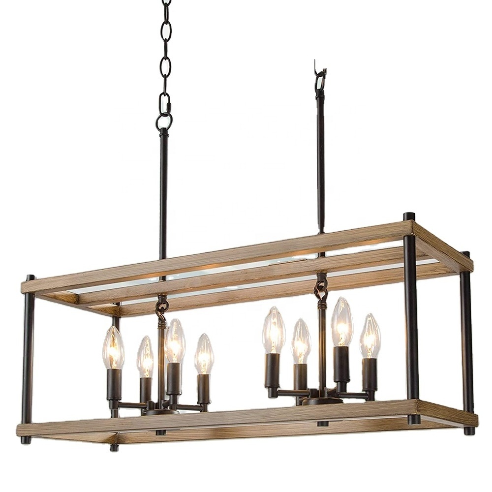 Modern farmhouse lighting Rectangular Faux Wood 8-Light Chandelier Pendant Hanging Light Kitchen lamparas