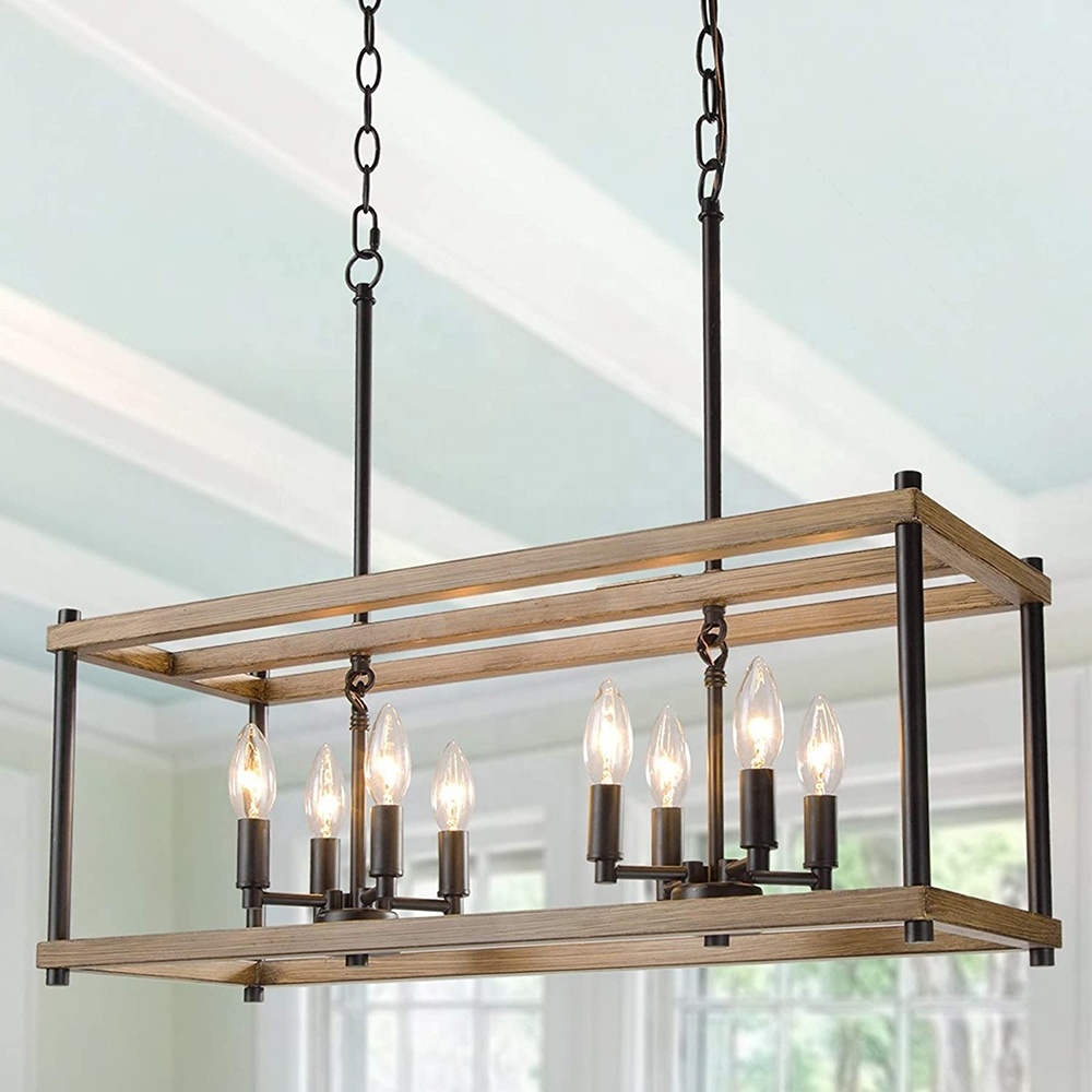 Modern farmhouse lighting Rectangular Faux Wood 8-Light Chandelier Pendant Hanging Light Kitchen lamparas