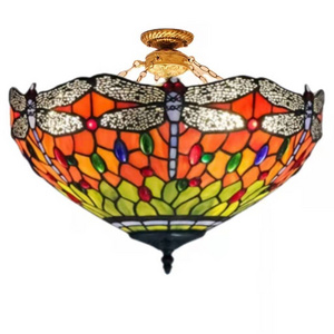 Dragonfly tiffany Style Stained Glass Custom Semi-Flush Mounted Ceiling Chandelier pendant Lamp large chandelier luxury