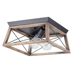 JLC-022 Retro Industrial Rectangle Flush Mount 2-Light Ceiling Light Fixture with Wood Shade for Hallway, Entryway, Passway