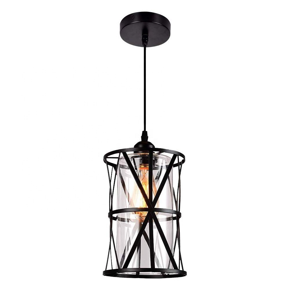 C22 Black Farmhouse Rustic Metal Cage glass industrial pendant lighting