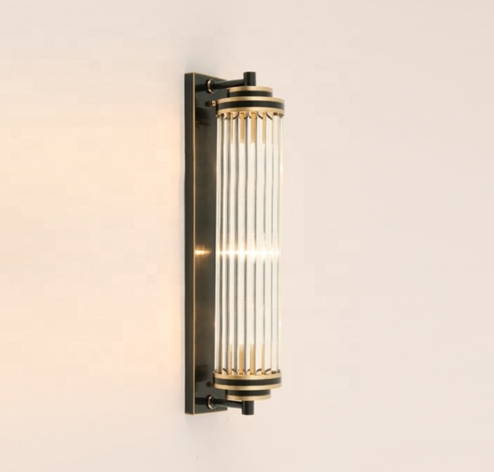 JLW-13301 American Retro Copper Wall Mounted Lamp With Ribbed Glass Hotel Hallway Wall Sconce Light