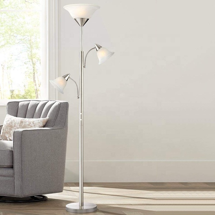 modern brushed steel goose neck glass bedside bedroom study designer floor lamp