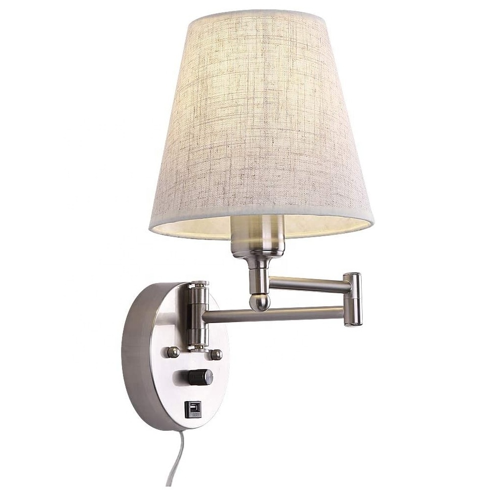 JLW-7634 Bedside Wall Mount Light with Dimmable Switch and USB Port Swing Arm Fabric Shade Wall Sconce Light with Plug in Cord