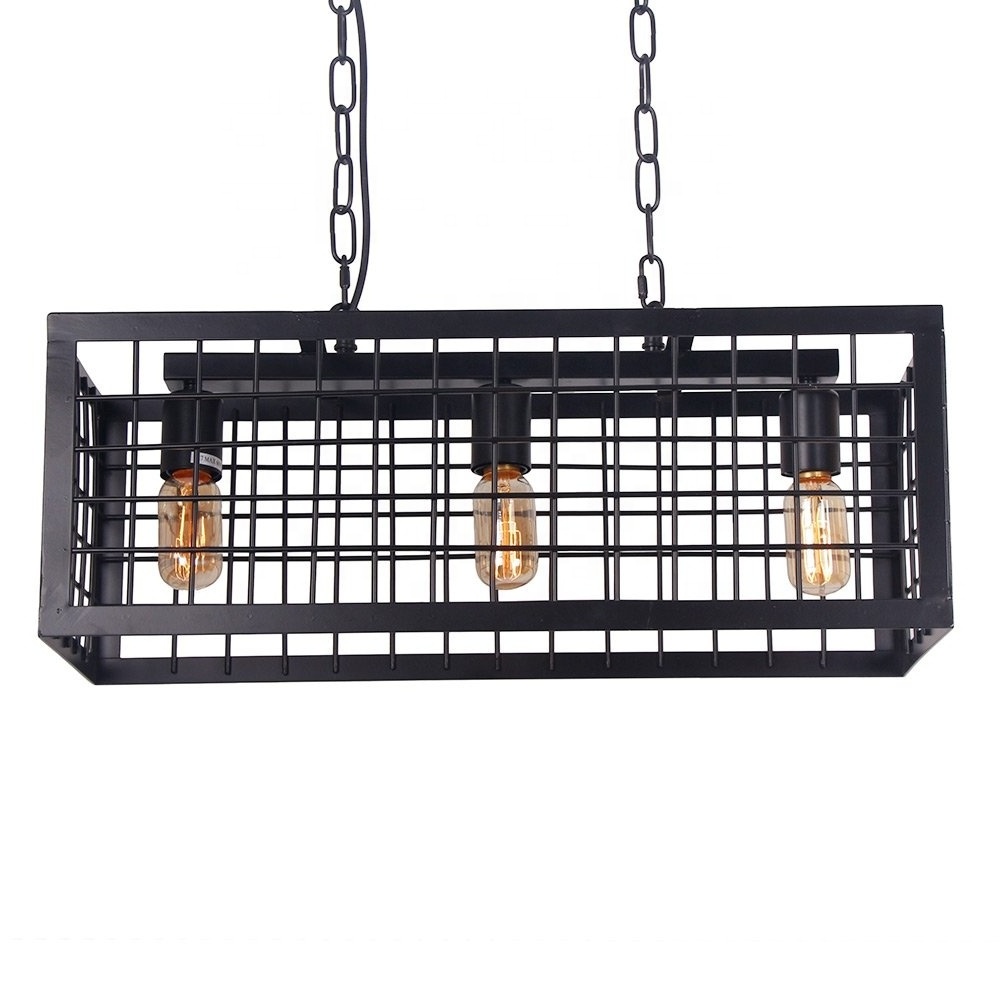 C14 Industrial Loft Bar Restaurant 3 Lights black pendant light Iron Cage Net Shade chain island chandeliers