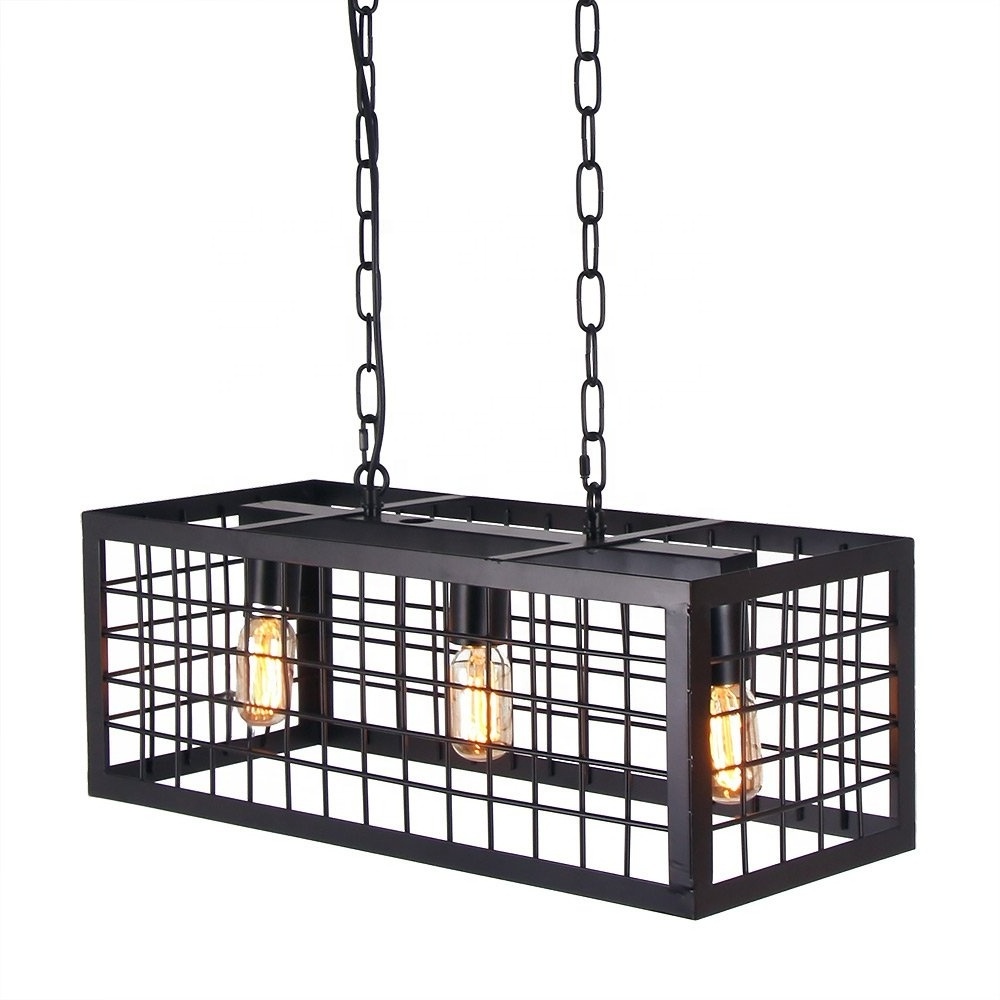 C14 Industrial Loft Bar Restaurant 3 Lights black pendant light Iron Cage Net Shade chain island chandeliers