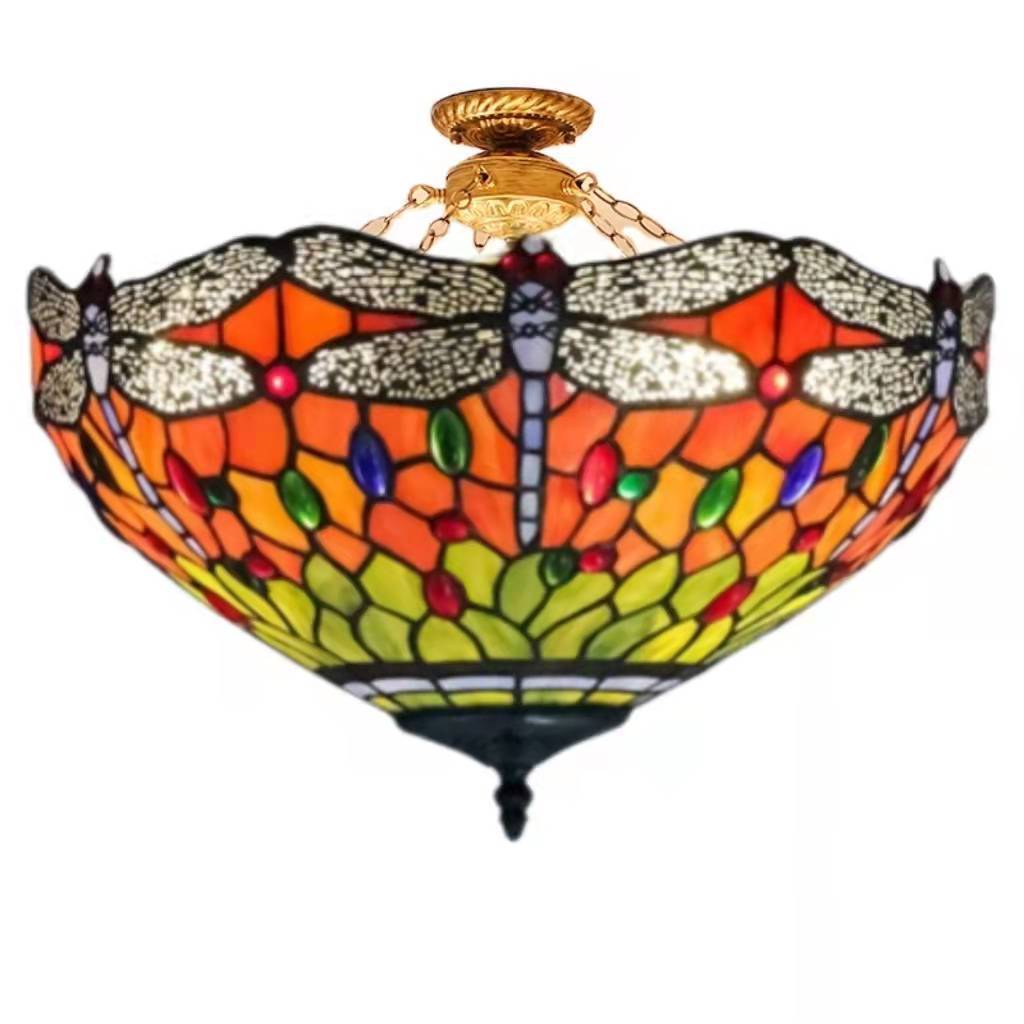 Dragonfly tiffany Style Stained Glass Custom Semi-Flush Mounted Ceiling pendant Lamp large chandelier luxury light fixture