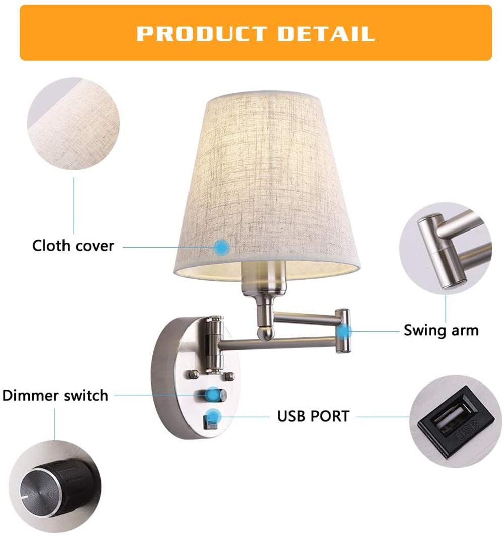 JLW-7634 Bedside Wall Mount Light with Dimmable Switch and USB Port Swing Arm Fabric Shade Wall Sconce Light with Plug in Cord