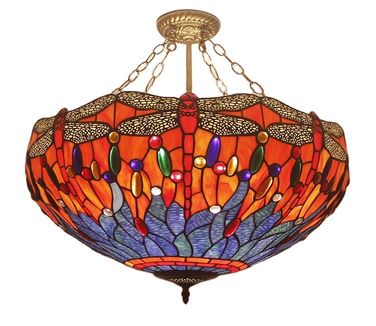 Dragonfly tiffany Style Stained Glass Custom Semi-Flush Mounted Ceiling pendant Lamp large chandelier luxury light fixture