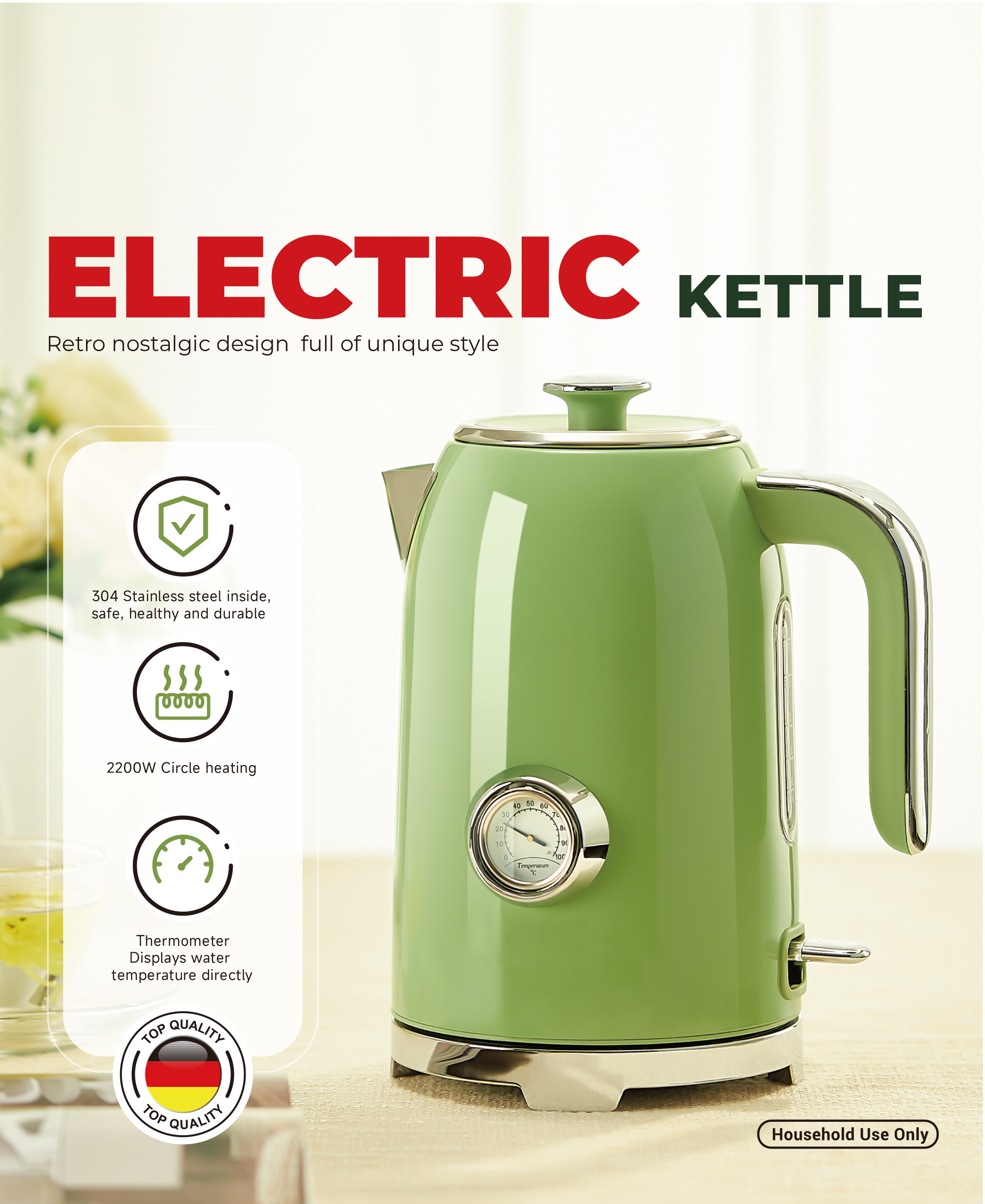 Portable home appliance Retro style 1.7L electric stainless steel water kettle with Thermometer