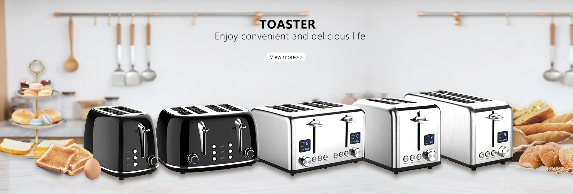 New Design High-end 4 Slice Stainless Steel Long Slot Toaster with touch screen timer countdown display for household