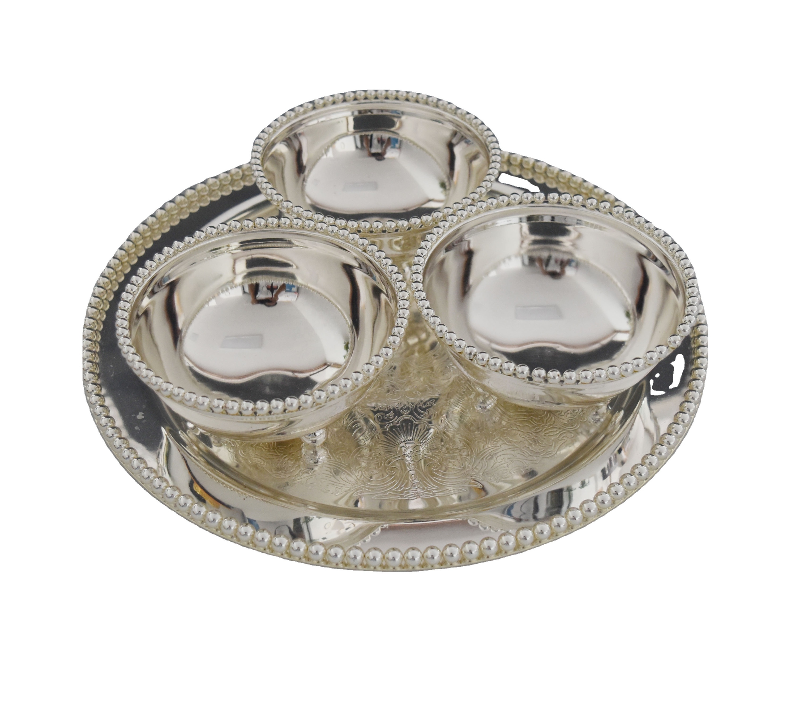 Metal silver 3 bowl set with wave beads tray dinnerware set snack bowl