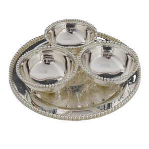 Metal silver 3 bowl set with wave beads tray dinnerware set snack bowl