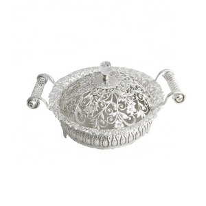 Home party decoration gold silver metal flat dry fruit basket tray with handle