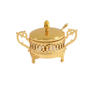 Turkish kitchen decoration metal gold glass round tea sugar pot with lid for wedding