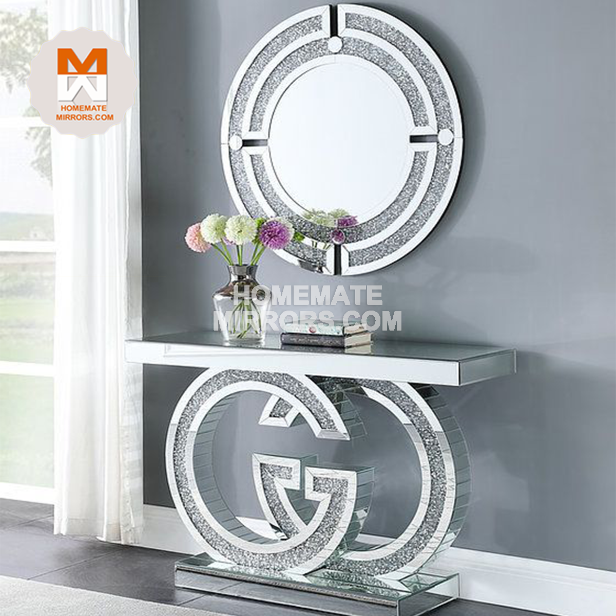 Hot New Crushed Diamond Mirrored Console Table with LED Lights for Living Room