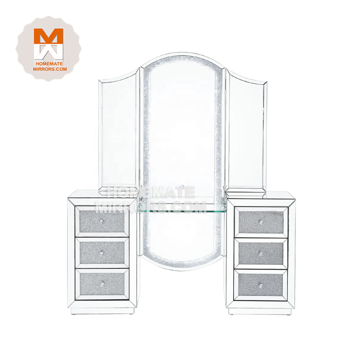 Hot Competitive Crushed diamond mirrored vanity dressing table set with LED light