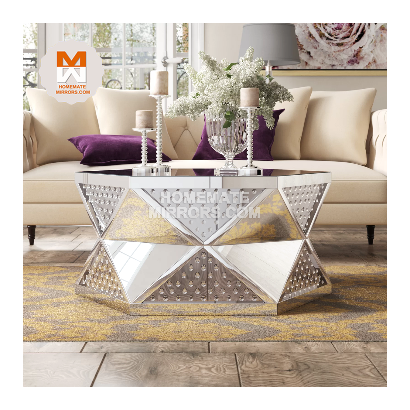 Hot Sell Luxury Glass Cube Mirror Coffee Table with Crystal Diamonds