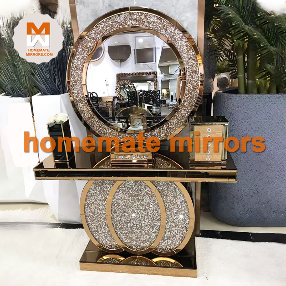 Hot RGB LED glass mirrored console table with  wall mirror crushed diamond for Living Room