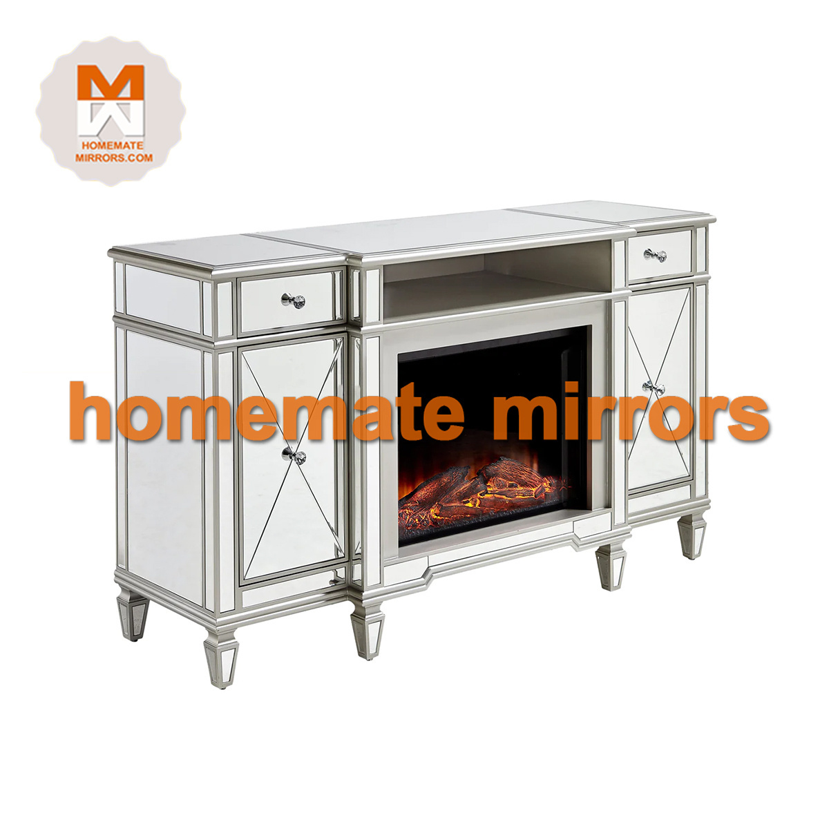 Hot Sell Competitive Sparkly Crystal Mirrored Glass Fireplace TV stand