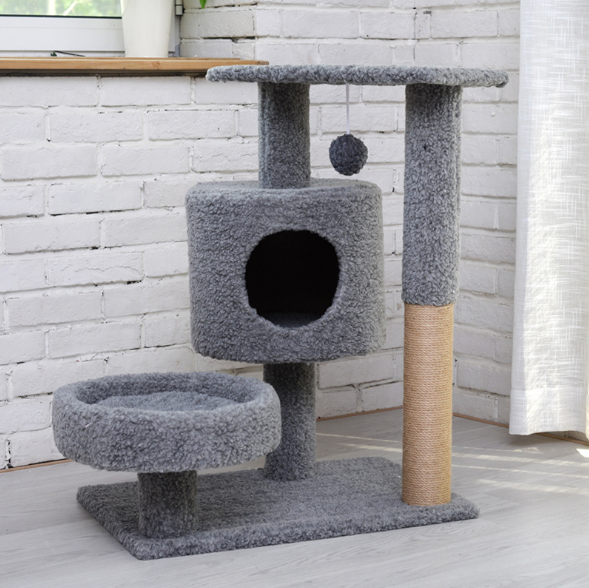 Modern Real Pine Plywood Cat Tree Tower with Natural Sisal Scratching Climbing Posts and Napping Hammock