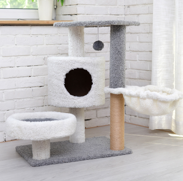 Modern Real Pine Plywood Cat Tree Tower with Natural Sisal Scratching Climbing Posts and Napping Hammock